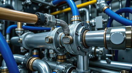 Fototapeta premium Mechanical parts and pipes connect in this advanced industry setup highlighting technology and precision in complex mechanical system