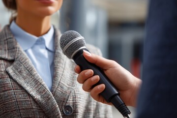 Reporter with microphone interviewing a female politician or business leader
