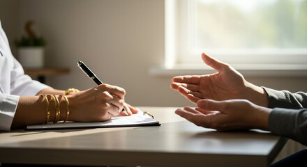 Serene Sunlit Consultation Room Scene with Healer Taking Notes And Patient Gesticulating with Open Hands Bathed In Soft Morning Glow