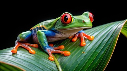 Vibrant Amphibian Perched on Lush Tropical Foliage, a Close-Up Study of Nature's Vivid Colors