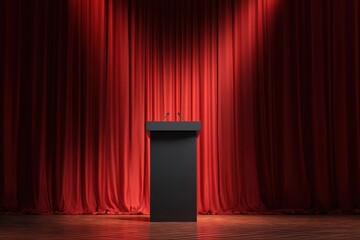 Stage podium in front of red drapes
