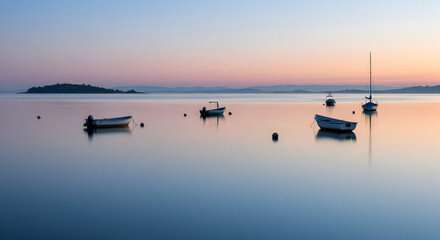 Fototapeta premium Calm Waters At Dawn Featuring Silhouette Boats in a Serene Ambiance