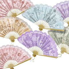 Set of vintage pastel fans with lace details, seamless romantic accessory pattern, clear background --v 7.0