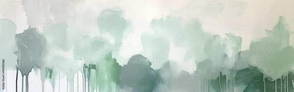 Poster abstract painting featuring soft pencil strokes and delicate drips in pastel mint and gray tones, cr