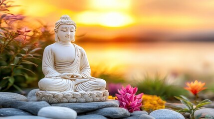 Peaceful Buddha statue at sunset by water