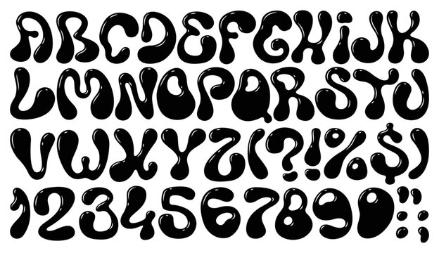 Liquid bubble font, groovy wavy typeface, funky y2k alphabet type of vector fluid black blob letters and numbers. Cartoon ink or paint liquid bubble font english abc typography. Y2k balloon typeface