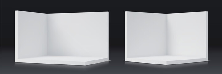 Obraz premium 3d corner wall room minimalist mockup with clean white panels. Vector box mock up for interior design presentations, product display backdrops, showroom scenes or modern architectural visualizations