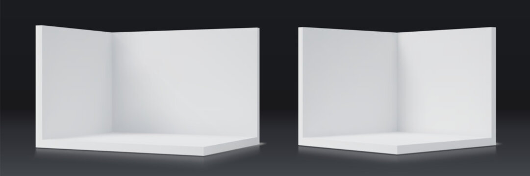 3d corner wall room minimalist mockup with clean white panels. Vector box mock up for interior design presentations, product display backdrops, showroom scenes or modern architectural visualizations