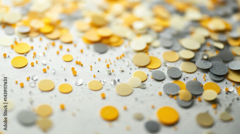 Leinwandbilder Pale yellow and soft gray bokeh dots scattered around with water droplets on a textured background.