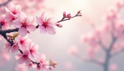 Obraz premium Intricate sakura branch pattern, light pink hues, subtle green leaves , nature, illustration, spring blossom