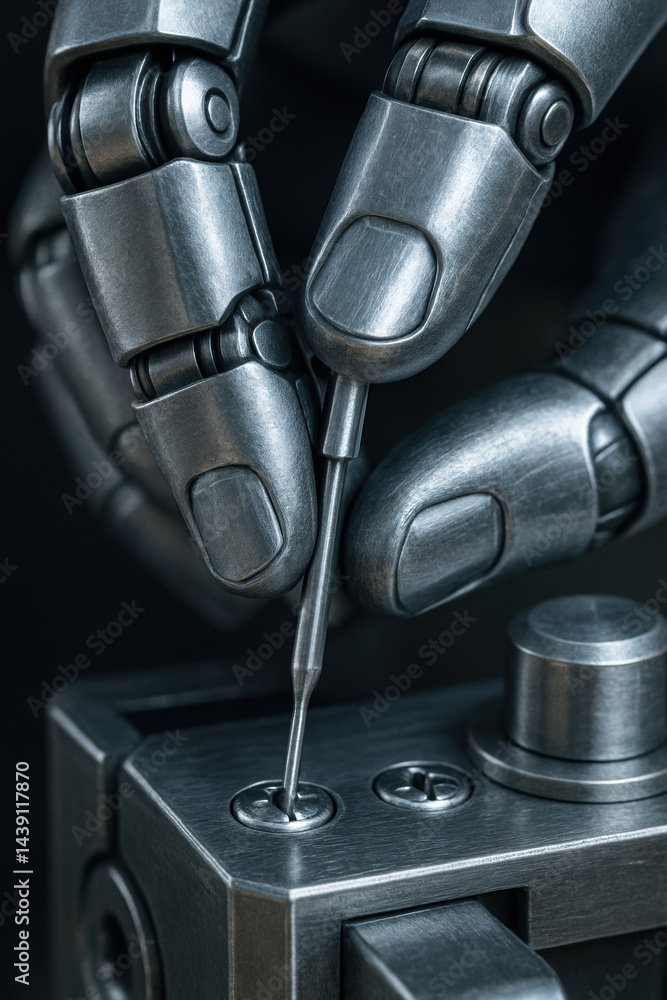 Poster mechanical robotic hand using screwdriver on metal device represents advanced technology in industry