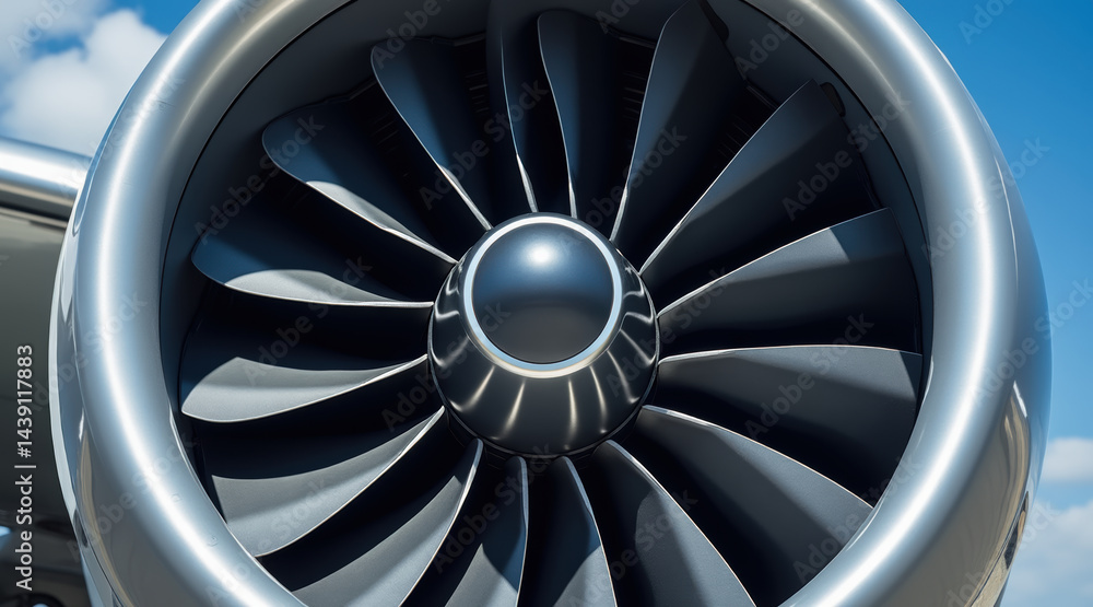 Poster jet engine turbine close up with mechanical precision reflecting advanced technology in aviation ind