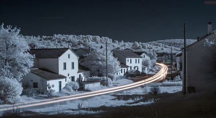 Fototapeta premium Ethereal Village Scene Under Night Sky With Motion Trails