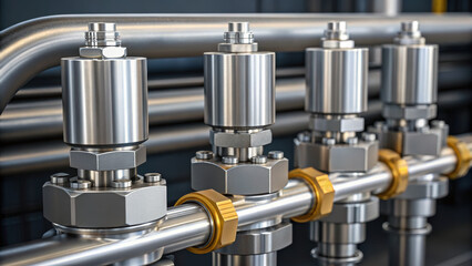 Fototapeta premium Mechanical stainless steel valves are part of advanced technology used in industry for controlling fluid flow with precision and durability