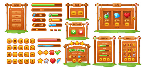 Wooden game interface. Cartoon vector wood ui kit featuring buttons, sliders, progress bars and level completion screens. Playful shop, play, options and score elements for casual or mobile games