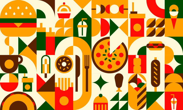 Fast food modern geometric pattern background with vector mosaic of abstract pizza, burger, bbq chicken, coffee and soda drinks. Fast food restaurant kebab, donut and ice cream flat geometric pattern