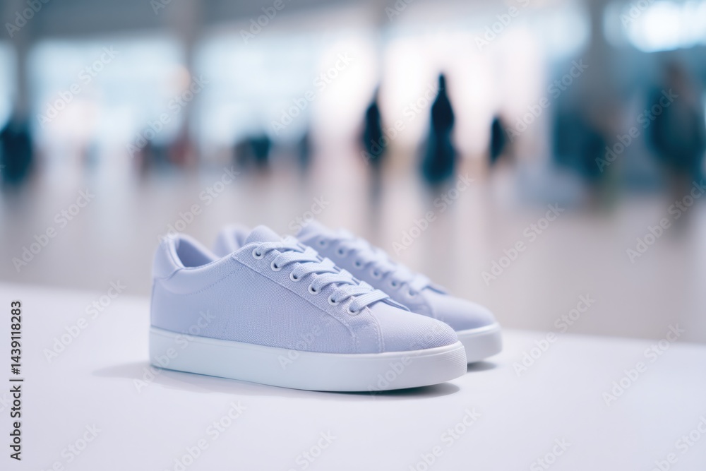 Poster pair of modern sneakers displayed on clean minimalistic surface and in focus contrasting with blurre