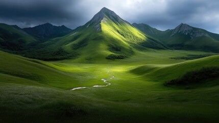 Lush valley, mountain peak, sunlit