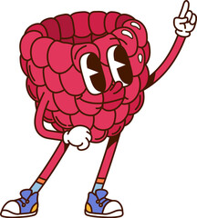 Groovy hippie raspberry berry character. Isolated cartoon vector ripe and healthy retro personage with large eyes, sneakers and cheerful facial expression standing in confident pose with a finger up