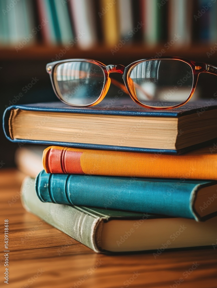 Aufkleber eyeglasses resting on a stack of old books with colorful spines, bookcase in background