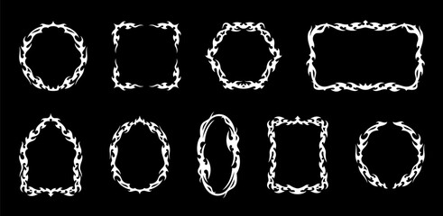 Neo gothic tribal frames set. Vector circular, rectangular, oval, hexagon and arched white borders feature flame like elements. Horror ornamental shapes, fantasy emo style frames with spikes or thorns