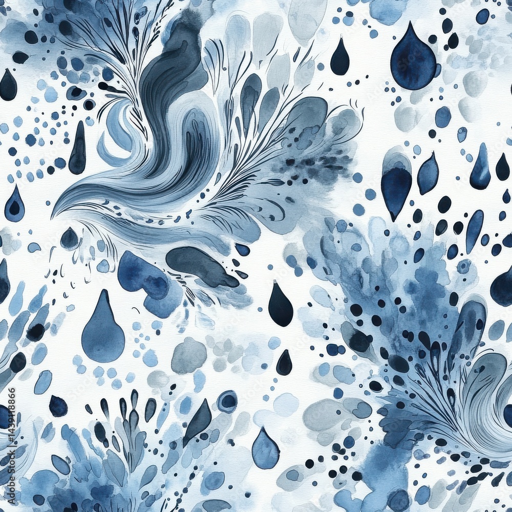 Poster abstract watercolor pattern with flowing shapes and splash textures in blue and white