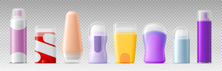 Deodorant package mockups. Realistic 3d vector set of antiperspirant packaging mock ups in spray, roll on and stick formats. Cosmetic containers for skincare, hygiene or personal care product branding