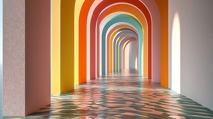Walking Through a Colorful Arched Hallway with Water Reflections