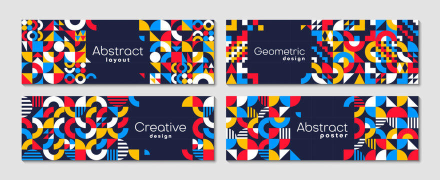 Abstract horizontal banners with modern geometric pattern. Vector set of templates feature vibrant shapes and primary colors red, blue, yellow, white on dark background. Creative, modern flyers, cards