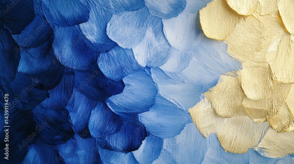 Poster Abstract overlapping spots of pencil strokes in shades of blue and gold create a textured background effect