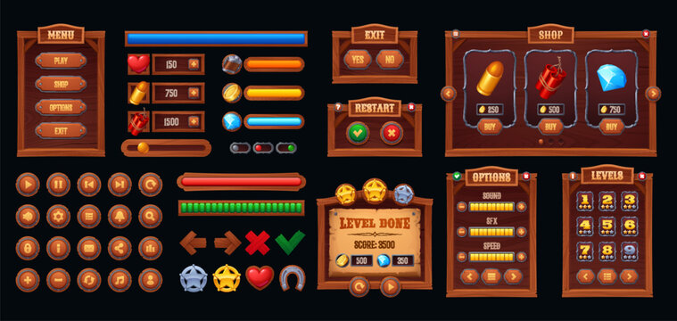 Wild west interface of western game with wooden ui elements, menu buttons, sliders, progress bars, currency indicators and level selectors. Cartoon vector icons for cowboy, saloon or adventure games