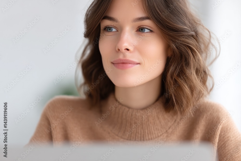 Poster person sitting at minimalistic home workspace with blurred background suitable for remote work conce