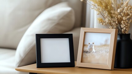 Styled Photo Frames on Tabletop with Plant Decoration and Cozy Couch