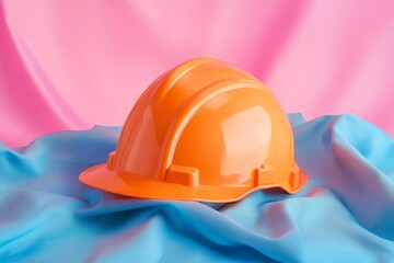 Vibrant orange safety helmet resting on draped fabric.