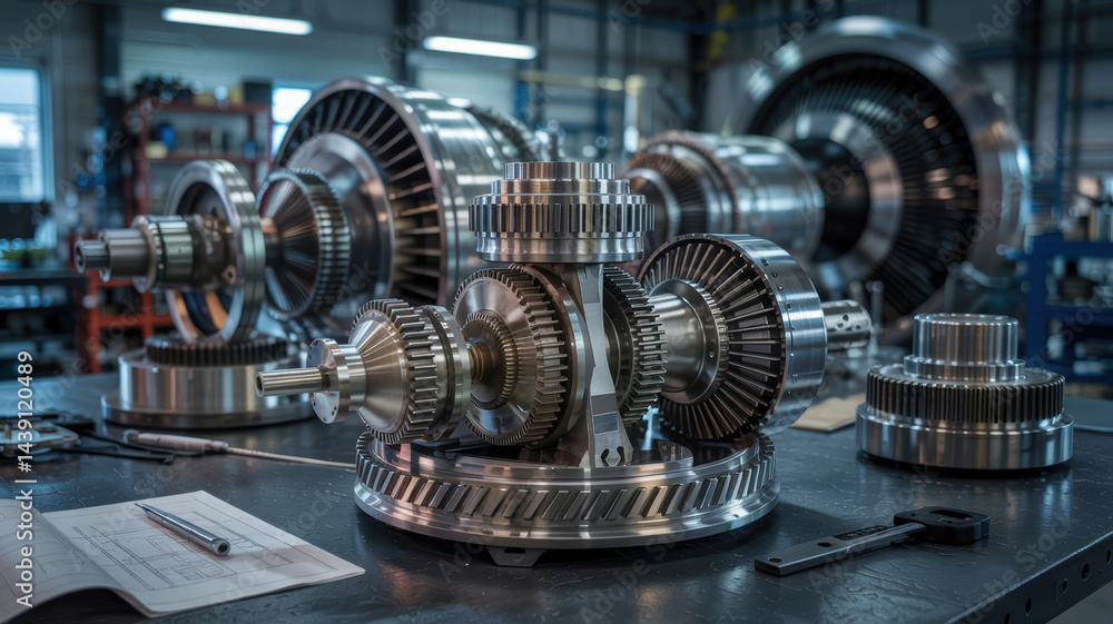 Poster mechanical gears and parts are arranged workbench industry setting highlighting advanced technology 