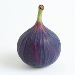 Single fresh fig close-up with soft purple skin, green stem, and subtle white spots on a white background