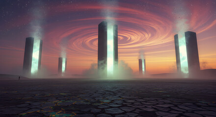 Surreal Monoliths Emerging On A Parched Landscape Under Vortex Sky