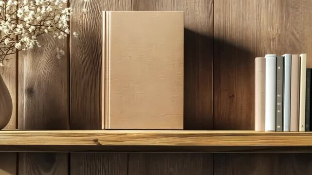 Rotating book display on wooden shelf with natural decor elements