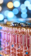 Close-up of Intricate Machinery with Pink Tubes and Blurred Bokeh Background