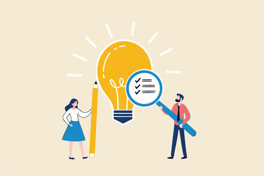 Business viability checking, feasibility study by market research to see possibility to success in real world, evaluate profitable of business idea, businessman with magnifier analyze lightbulb idea.