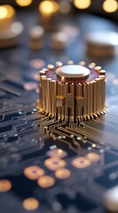 Gold Computer Chip Close-up on Circuit Board with Bokeh Background