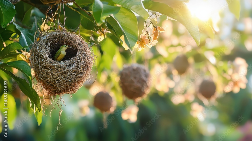 Aufkleber weaver bird in nest surrounded by other nests and lush foliage illuminated by bright sunlight