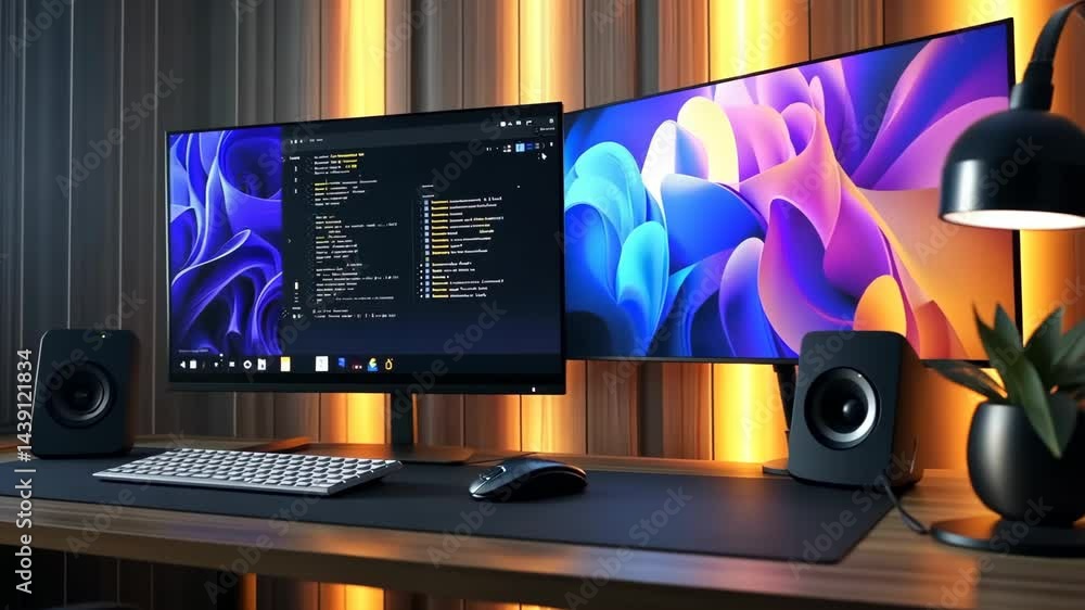 Poster dynamic coding workspace with dual monitors and evolving light patterns