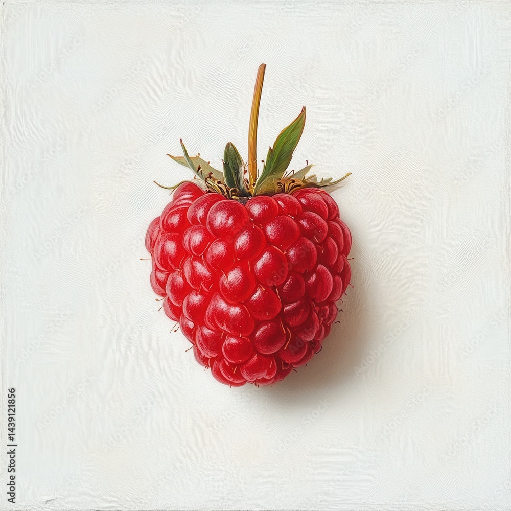 Poster fresh raspberry close-up: bright red berry with textured matte finish on white canvas background