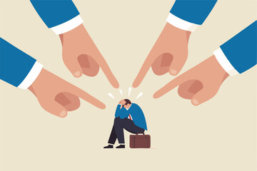 Toxic work, abuse or bullying colleagues, bad culture make exhausted depressed employee, fear of failure and responsibility, giant boss hands pointing and blaming at depressed businessman employee.