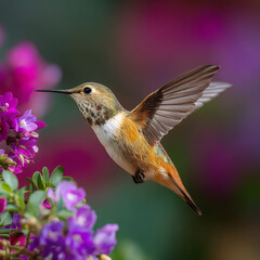 Fototapeta premium Hummingbird on purple flower soft focus image