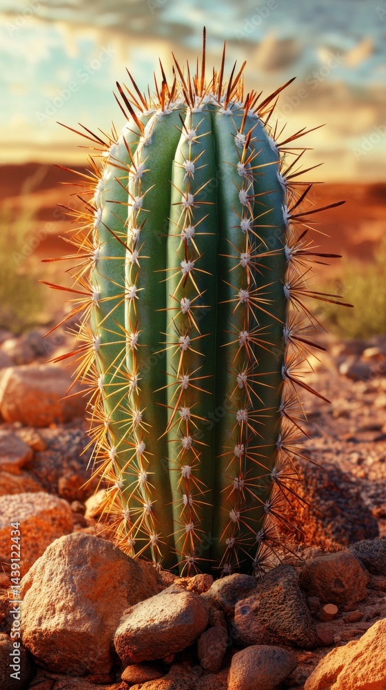 Poster barrel cactus with sharp needles on rocky desert ground