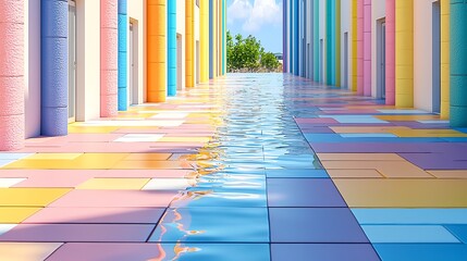 Walking on Water Colorful Surreal Architecture with Reflections and Summer Vibe