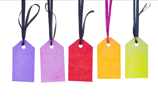 Festive colorful gift tags on display isolated on white background photo front view variation high detail texture ultra detail midshot