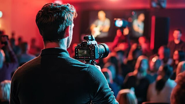 Cameraman captures engaging conference amidst vibrant audience with dynamic lighting